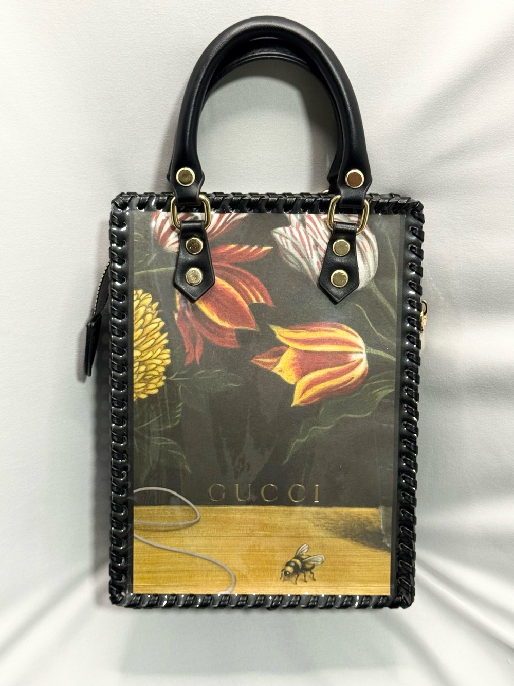Upcycled Gucci Floral Print Leather Top-Handle Bag in Black - Picture 2 of 3